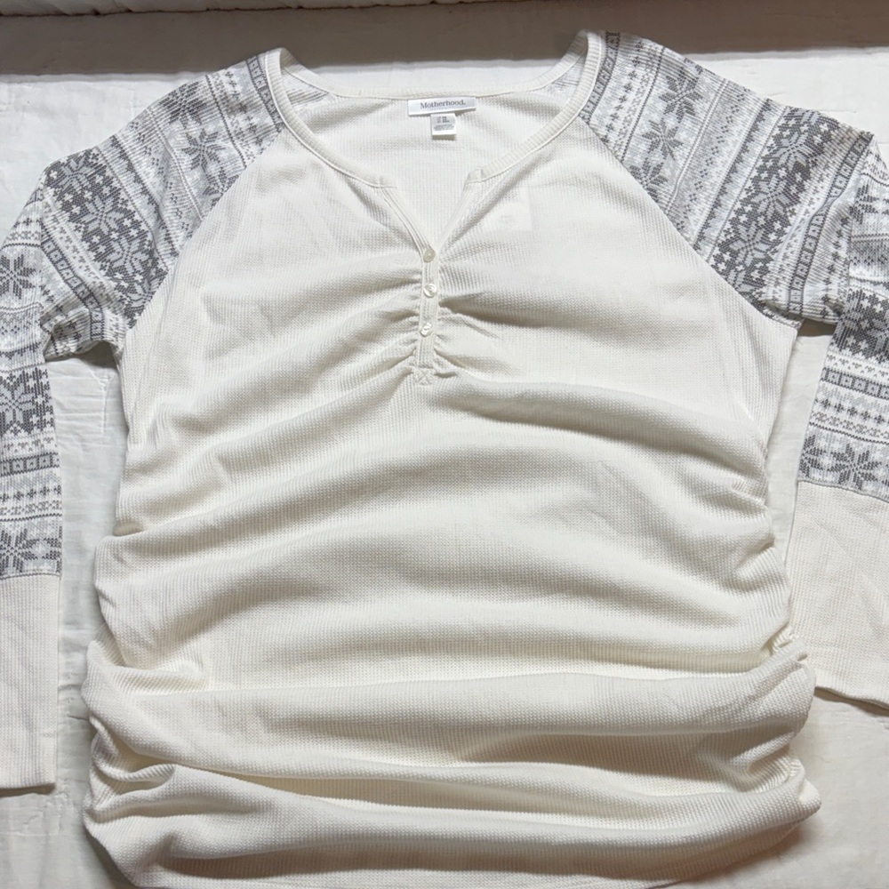 Motherhood Maternity Plus‎ Size NWT White Waffle Knit Henley Fair Isle Shirt